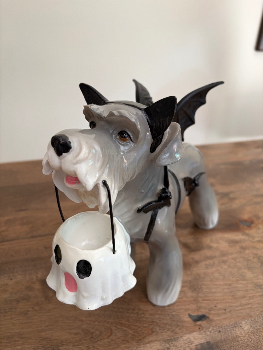 Halloween Schnauzer Dog Holding Ghost Bucket in Bat Costume Decor Figure